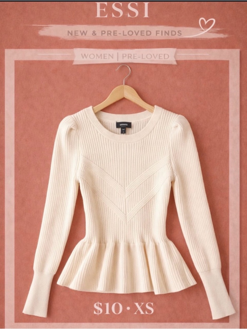 Express Cream Ribbed Peplum Long-Sleeve Top